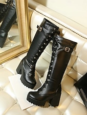 abordables Bottes de combat-Bottes à lacets blanches à plateforme pour femmes, hauteur genou, avec talon carré et bride à boucle - Chaussures de mode rétro pour les fêtes, le cosplay et les soirées