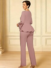 preiswerte Overalls für Mütter-Overalls Knöchellänge Brautmutterkleid Langarm V Ausschnitt Elegant Formell Hochzeitsgast Hochzeitsfeier Stretchstoff mit Rüschen