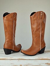 levne Cowboy &amp; Western Boots-Dámské hnědé kovbojské boty po kolena – klasické westernové jezdecké boty s nízkým podpatkem pro country styl a festivaly