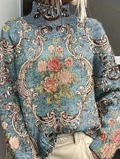 Women's Sweater Elegant Fashion Streetwear Floral Paisley Turtleneck Floral Knitted Long Sleeve Regular Tops Knit Work Going out Blue Purple Fall Winter3