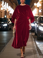 Robe midi en velours pour femmes ajustée et évasée élégante robe de cocktail fête en extérieure invitée de mariage ajustement régulier couleur unie à manches longues col ras du cou noir rouge bleu abordables Robe Simple-Robe midi en velours pour femmes ajustée et évasée élégante robe de cocktail fête en extérieure invitée de mariage ajustement régulier couleur unie à manches longues col ras du cou noir rouge bleu
