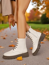 Недорогие Женские ботинки-Женские белые ботинки из искусственной кожи на шнуровке с боковой молнией и массивной подошвой — стильные армейские ботинки для кей-попа, уличной моды и повседневных образов.