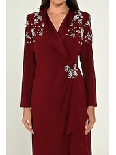 ieftine Rochii de smoking-Rochie smoking cu imprimeu floral, tip coloană, cu cristale, model formal, pentru invitați de nuntă, rever din satin, crep elastic, mânecă lungă, guler cu rever crăpat și volane