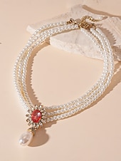cheap Women&#039;s Necklace-Women&#039;s Pearl Jewelry Set with Earrings, Necklace and Bracelet - Elegant Vintage Style Accessories with Crystal Accents for Ballroom Party, Wedding and Formal Events