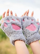 baratos Luvas femininas-Luvas de pelúcia femininas com garras de gato – luvas fofas e peludas com garras de gato, luvas sem dedos quentes e macias para inverno, para cosplay, Halloween e uso diário