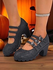 abordables Pour les femmes-Escarpins Mary Jane à talons épais pour femme, chaussures de soirée gothiques noires avec brides à boucle chauve-souris, pour déguisement, soirée et cosplay.