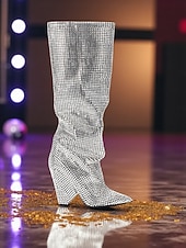 economico Stivali ampi-stivali alti fino al ginocchio con strass da donna, con punta affilata e tacco grosso, calzature scintillanti in stile slouchy per feste in città a Natale e Capodanno