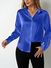  Mulheres Camisa Social Elegant Elegante Top de cetim Botões Tecido à moda Casual Manga Longa Colarinho de Camisa Tops regulares Diário Para Noite Preto Vermelho Azul Marinha Azul Real Bege Primavera