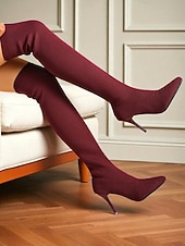 זול מגפי אופנה-מגפי אופנתיים שחורים סריג מעל הברך עם עקב סטילטו לנשים - מגפיים אלגנטיים נמתחים עד הירכיים למסיבות ערב, מועדונים ואירועים רשמיים