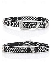 abordables Accessoires d&#039;Halloween-Ceinture unisexe Halloween en strass avec tête de mort – Accessoire de taille en similicuir punk rock scintillant pour fêtes, concerts et costumes