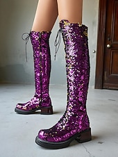 preiswerte Modische Stiefel-türkisfarbene, kniehohe Schnürstiefel für Damen mit Pailletten – glitzernde Party-Schuhe im Combat-Stil für das Nachtleben und Club-Outfits