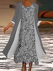tanie Sukienka boho-Damskie Zestaw sukienek Sukienka maxi Sukienka A line Codzienny Graficzny Plemienny Nadruk Sukienka midi Rękaw 3/4 Półgolf Codzienny Niebieski Fioletowy Zielony Lato Wiosna Regularny