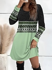 preiswerte Streifen- und geometrisches Kleid-Damen Minikleid T-Shirt-Kleid Sommerkleid A Linie Kleid Lässig Täglich Ausgehen Normale Passform Grafik Geometrisch Langarm Rundhalsausschnitt Rosa Rote Grün Herbst Winter