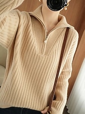 preiswerte Einfarbige Farben-Damen Pullover Mode Basic Lässig Einfarbig Gerippt Halber Reißverschluss Reißverschluss Gestrickt Langarm Normale Oberteile Stricken Outdoor Täglich Wochenende Khaki Herbst Winter