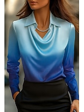 preiswerte Elegante Oberteile-Damen Hemd Ombre Grafik Geometrisch Elegant Stilvoll Modern Langarm Wasserfallausschnitt Normale Oberteile Arbeit Party-Abendmode Täglich Gerafft Drapiert Weiß und Blau Blau Violett Frühling Herbst
