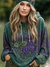 Women's Pullover Hoodie Sweatshirt Floral Graphic Elegant Warm Active Long Sleeve Hooded Regular Tops Street Dailywear Casual Patchwork Print Light Purple Spring Fall Winter3
