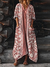 halpa Boho-mekot-Naisten Maksimekko A linjainen mekko Loma Vapaa-aika Päivittäin Normaali Loose Fit Kukka Kuvitettu Pitkähihainen V kaula-aukko Punastuvan vaaleanpunainen Tumma vaaleanpunainen Rubiini Sininen Kes