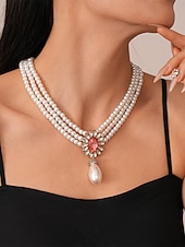 cheap Women&#039;s Necklace-Women&#039;s Pearl Jewelry Set with Earrings, Necklace and Bracelet - Elegant Vintage Style Accessories with Crystal Accents for Ballroom Party, Wedding and Formal Events