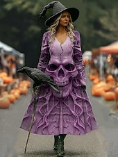 economico Abito di Halloween-Halloween Per donna Abito Midi Abito a trapezio Vacanza Casual Quotidiano Ferie Data Vestibilità regolare Grafico Teschio Manica Lunga Scollo a V Giallo Chiaro Blu Viola Verde Autunno Inverno