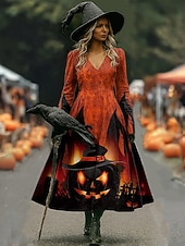 olcso Halloween ruha-Halloween Női Koponyák Nyomás Midi Ruha A-vonalú Ruha Vakáció Hétköznapi Napi Normál Illeszkedés Grafikával Koponya Hosszú Ujjú V Nyakú Kék Narancs Szürke Ősz Tél