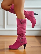 economico Stivali ampi-stivali alti fino al ginocchio in pelle scamosciata rosa da donna con fibbia – eleganti stivali invernali con tacco medio per outfit da festa, feste di San Valentino e look street fashion