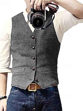 abordables Chaleco de hombre-Hombre Chaleco Vacaciones Fiesta Negocio Moda Casual Primavera Otoño Bolsillo Botones Poliéster Cómodo Color sólido Recto 1 botón Escote en Pico Ajuste regular Plata Negro Champaña Vino Chaleco