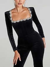 olcso party jumpsuits-Női Szabályos Jumpsuitek Utcai sikk Tömör szín Hosszú ujj Szögletes Utca Napi Normál Fekete Ősz