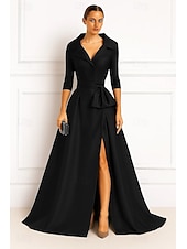 abordables Robes de Soirée en A-Ligne A Robe de Soirée Élégant Robe de soirée Formel Mariage Traîne Balayage Manche 3/4 Col en V Satin Extensible avec Noeud(s) 2025
