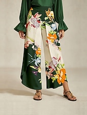 お買い得  女性のパンツ-レディース ワイドレッグパンツ サテン ダークグリーン 花柄プリント フロントオーバーラップ スリット 春 秋