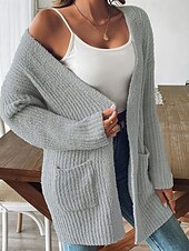 Недорогие Кардиган с открытым передом-Жен. Вязаная ткань Кардиган Уличный стиль На каждый день Сплошной цвет Открытый перед Карман Трикотаж Длинный рукав Обычные топы Вязать Повседневные На выход выходные Черный Белый Осень Зима