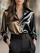 preiswerte Elegante Oberteile-Damen Elegant Satin Bluse Einfach Elegant Täglich Langarm V Ausschnitt Normale Oberteile Täglich Knöpfe Rote Grün Khaki Grau Herbst