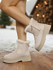 abordables Bottes de neige et d&#039;hiver-Bottes de neige décontractées en similicuir pour femme avec fermeture éclair latérale et bordure en fourrure – chaussures d&#039;hiver confortables et décontractées