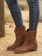 levne Cowboy &amp; Western Boots-Dámské tmavě hnědé kotníkové boty z umělé kůže s bočním zipem a krajkovým detailem – ležérní vintage boty na nízkém podpatku pro každodenní nošení, cestování a outdoorové outfity