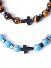 cheap Men's Jewelry-Men's Natural Stone Beaded Bracelet with Cross Charm, Adjustable Stretch Wristband, Spiritual Jewelry for Christmas Gift, Parties and Daily Wear