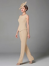 abordables Costumes-pantalons pour maman-Pantalon de mariage à la plage ensemble de 3 pièces mère de la mariée invitée de mariage formelle élégante grande taille avec encolure bateau longueur au sol manches longues enveloppe incluse avec