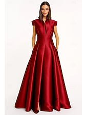 cheap A-Line Evening Dresses-Black Red A-Line Evening Gown Elegant Formal Dress Formal Wedding Floor Length Short Sleeve Queen Anne Pocket Satin with Pocket 2025