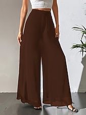 baratos perna larga e cintura alta-Mulheres Perna larga chinês Moda Roupa de rua Básico Comprimento total Cintura Alta Tecido Cintura elástica Confortável Macio Com Stretch Ao ar livre Rua Casual Marron Escuro Vinho Preto Branco Verão