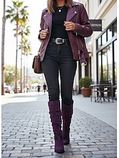 voordelige Slouch-laarzen-Paarse suède knielaarzen voor dames met gespen – western cowboystijl laarzen met blokhak voor herfstmode, Halloween-outfits en outdoor streetwear