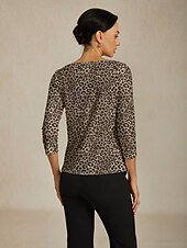 levne Halenky a košile-Dámský top s leopardím potiskem – elegantní halenka s kulatým výstřihem a tříčtvrtečními rukávy, elastická slim fit košile pro volný čas do práce, na denní nošení i na večer