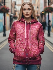Недорогие Графический магазин Свитшоты и Худи-Жен. Pullover Худи Роуз Мода Уличный стиль На каждый день Длинный рукав Капюшон Обычные топы На каждый день Повседневные Спорт Кулиска Карман С принтом Красный Пурпурный Весна Осень