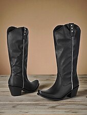 levne Cowboy &amp; Western Boots-Dámské hnědé kovbojské boty po kolena – klasické westernové jezdecké boty s nízkým podpatkem pro country styl a festivaly