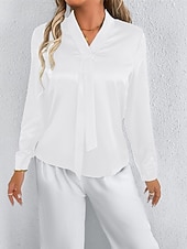 economico Top eleganti-Per donna Camicia Camicia in raso Tinta unica Elegante Casual Manica Lunga Scollo a V Top Regolari Quotidiano Uscire Nodo frontale Nero Bianco Primavera Autunno