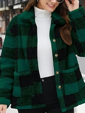 preiswerte Fleece-Futterjacken-Damen Fleecejacke Bequem Atmungsaktiv Tasche Knöpfe Druck Mode Lässig Karomuster Urlaub Straße Lässig Alltagskleidung Einreihig Regulär Umlegekragen Normale Passform Langarm Oberbekleidung Schwarz