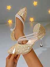 economico Pumps Classici-Scarpe con tacco a punta e glitter oro da donna: eleganti décolleté con tacco alto e cinturino per eventi formali e feste notturne