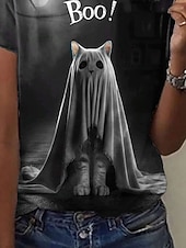 abordables Camiseta de Arte &amp; Design-Women's T Shirt Graphic Cat Ghost Vintage Stylish Classic Short Sleeve Crew Neck Regular Tops Daily Going out Weekend Print Black Summer Fall
