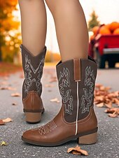 levne Cowboy &amp; Western Boots-Dámské hnědé kovbojské westernové boty z umělé kůže s vyšívaným prošíváním, nízké podpatky do půli lýtek na rodeo, festivaly i každodenní nošení