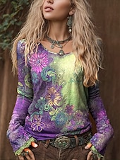 Women's Plus Size T Shirt Floral Graphic Plants Stylish Basic Casual Long Sleeve Crew Neck V Neck Regular Tops Daily Going out Weekend Print Purple Spring Fall3