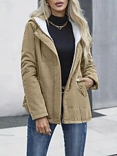 billiga Fleece-fodrade jackor-Dam Vinterkappa Fleece-jacka Bekväm Andningsfunktion Ficka Ledigt Slät Semester Gata Ledigt Dagliga kläder Dragkedja Normal Huva Normal Långärmad Ytterkläder Svart Blå Kaki Vår Höst