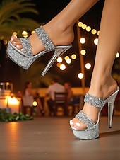 Dames muiltjes met strass-plateau en hoge hak - glitter peep toe partysandalen voor het nachtleven en clubbing voordelige Nachtleven feest-Dames muiltjes met strass-plateau en hoge hak - glitter peep toe partysandalen voor het nachtleven en clubbing