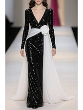 preiswerte Ballkleider-schwarz-weißes Etui-/Säulen-Abendkleid mit Pailletten, elegantes Abendkleid, formelle Hochzeit, bodenlang, lange Ärmel, V-Ausschnitt, Chiffon mit Glitzer 2025